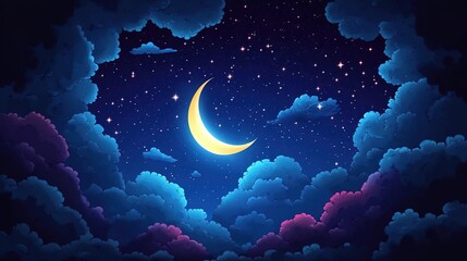 Night sky with crescent moon and stars, in the style of a cartoon, with cartoon-style clouds and background, cartoon illustration