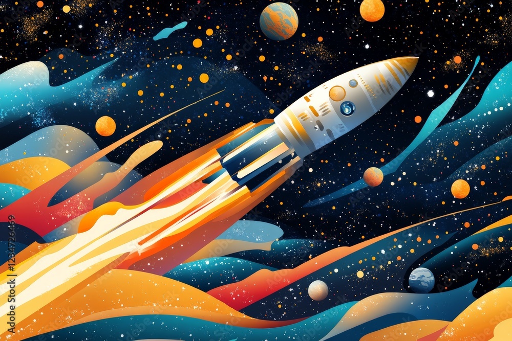 Poster rocket launching through colorful cosmic clouds in a vibrant galaxy exploration