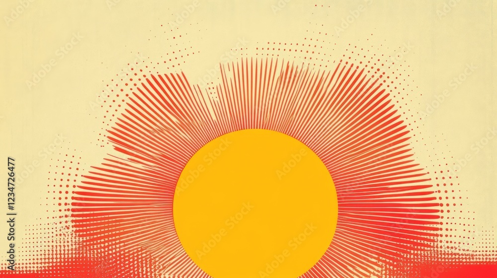 Poster abstract image of orange circle and red radiating lines on light yellow background. use for graphic 