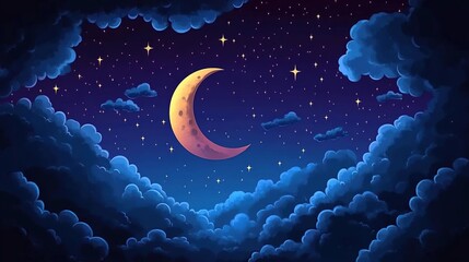 Night sky with crescent moon and stars, in the style of a cartoon, with cartoon-style clouds and background, cartoon illustration