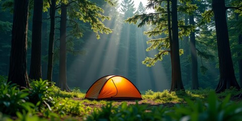 A serene scene of a tent in the woods