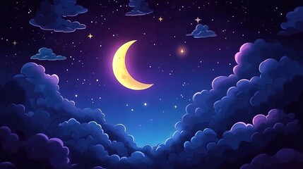 Night sky with crescent moon and stars, in the style of a cartoon, with cartoon-style clouds and background, cartoon illustration
