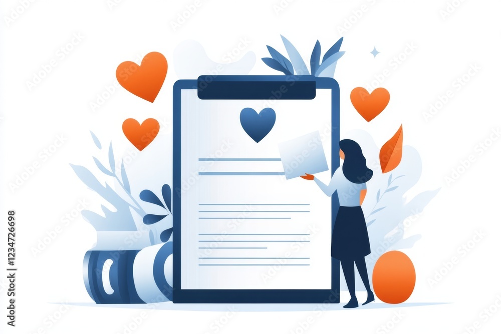 Poster a flat 2d design of a person handing over a completed document to an official, with bold, simple sha