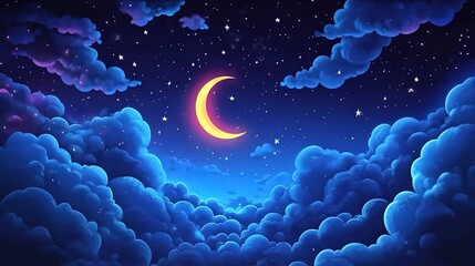Night sky with crescent moon and stars, in the style of a cartoon, with cartoon-style clouds and background, cartoon illustration