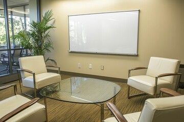 Fototapeta premium Clean whiteboard in a corporate meeting room, surrounded by chairs and a glass table.