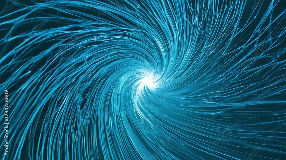 Poster rotating monochromatic cyan fiber optic lines creating a hypnotic vortex, varying intensities of cya