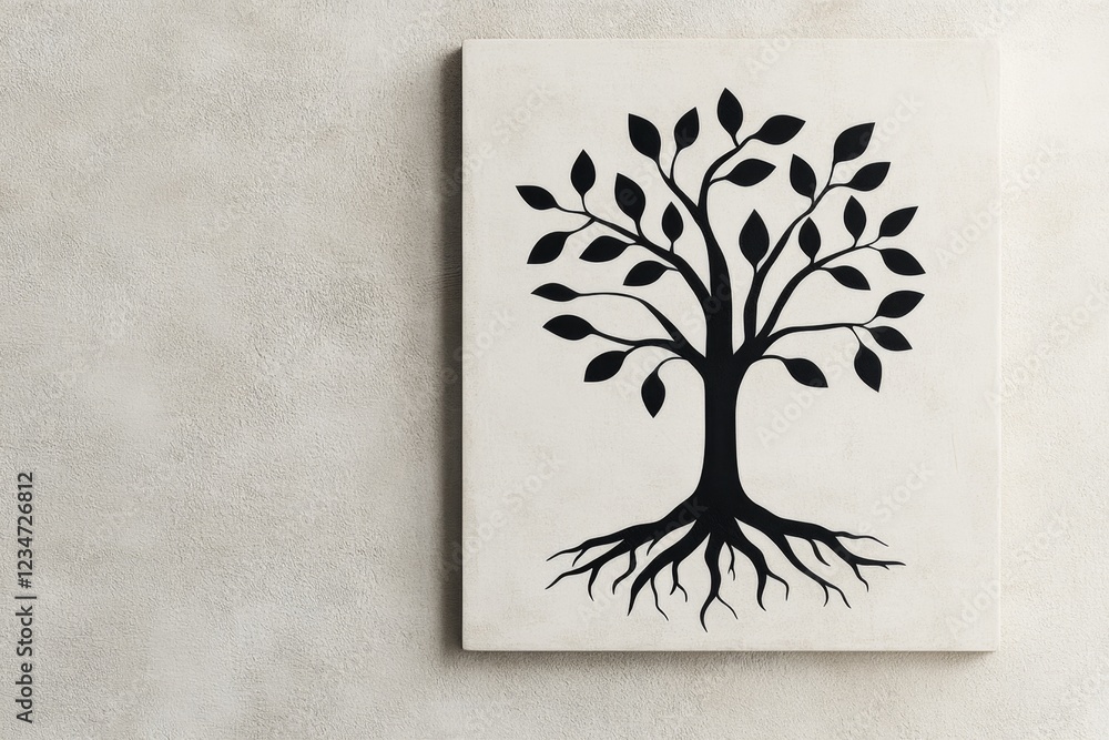 Poster a flat 2d design of a substantial tree with sprawling branches and roots, symbolizing stability and 