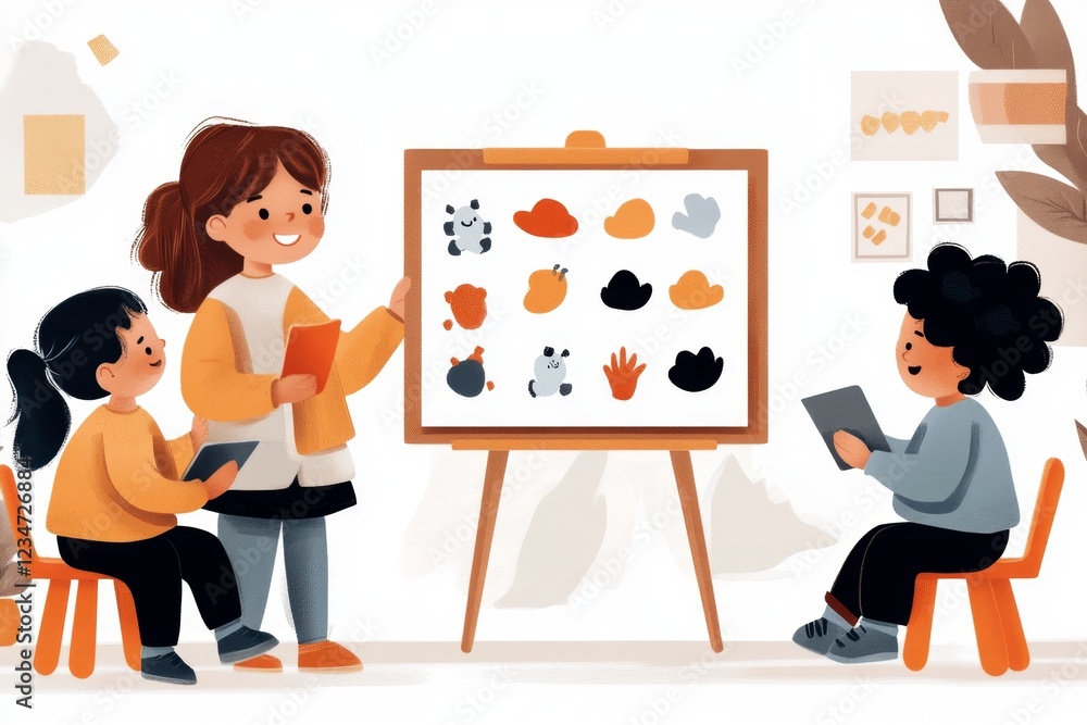 Aufkleber a flat 2d illustration of a smiling teacher holding up a substitution chart, with icons of students 