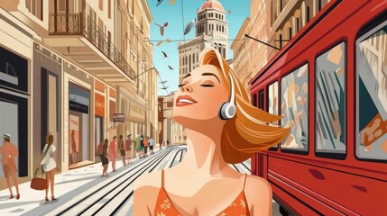 Woman enjoying music while walking in a vibrant city street