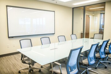 Clean whiteboard in a corporate meeting room, surrounded by chairs and a glass table.
