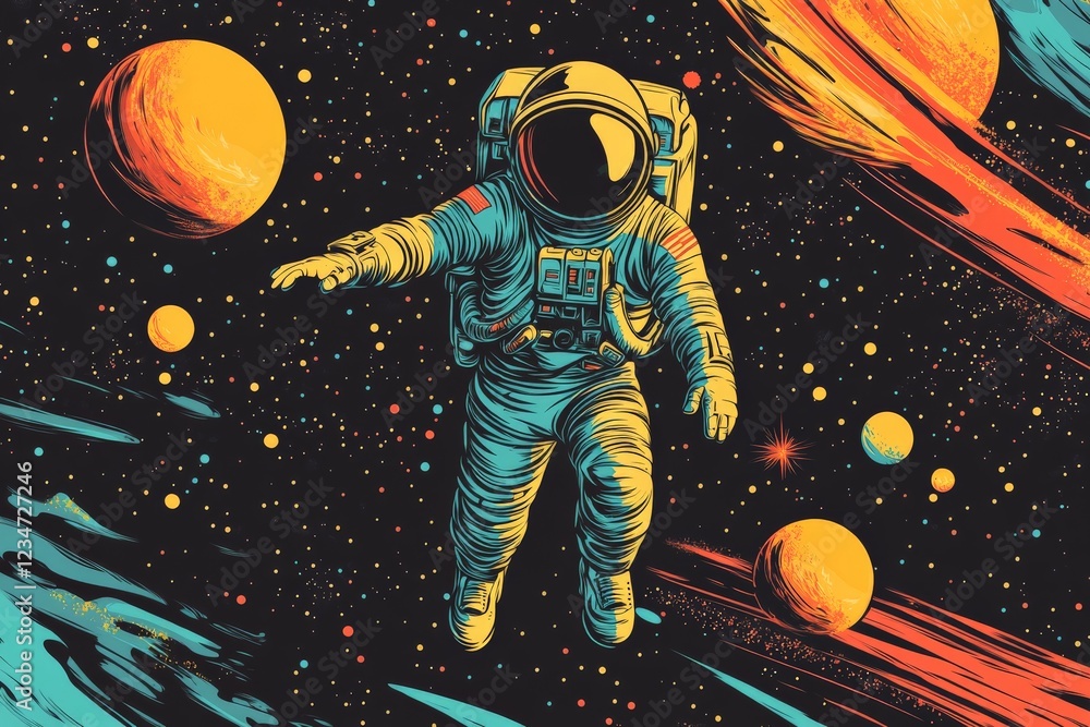 Aufkleber astronaut floats through colorful space with planets and cosmic elements around