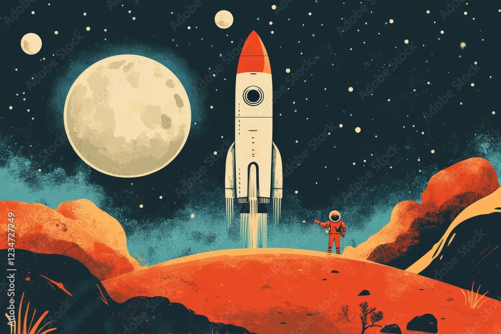 Poster Rocket launch under a bright moon with an astronaut exploring a distant planet at night