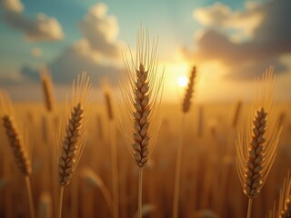 A ripe, golden wheat field at sunset