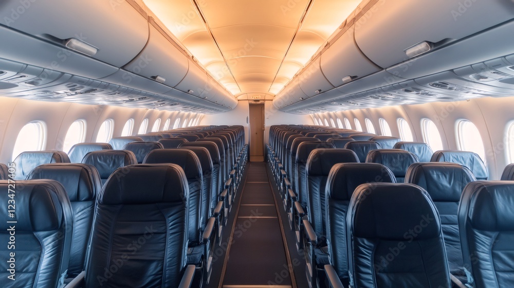Aufkleber rows of empty dark blue passenger seats stretch down the aisle of an airplane cabin, illuminated by 