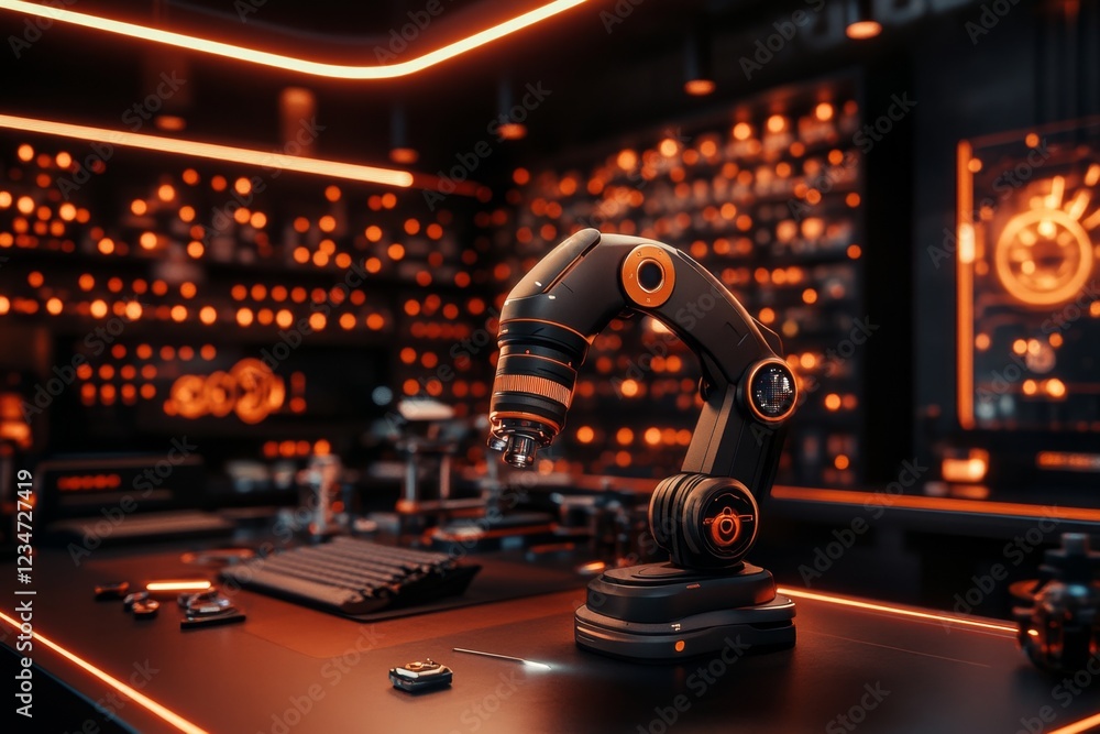 Aufkleber A futuristic lab where an advanced AI-controlled robotic arm replaces damaged parts in a machine with innovative substitutes, surrounded by holographic interfaces