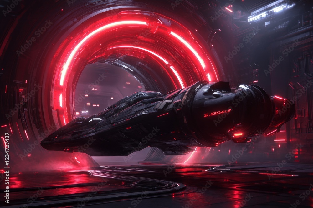 Poster a futuristic scene of a substantial spaceship docking at a massive space station, surrounded by glow