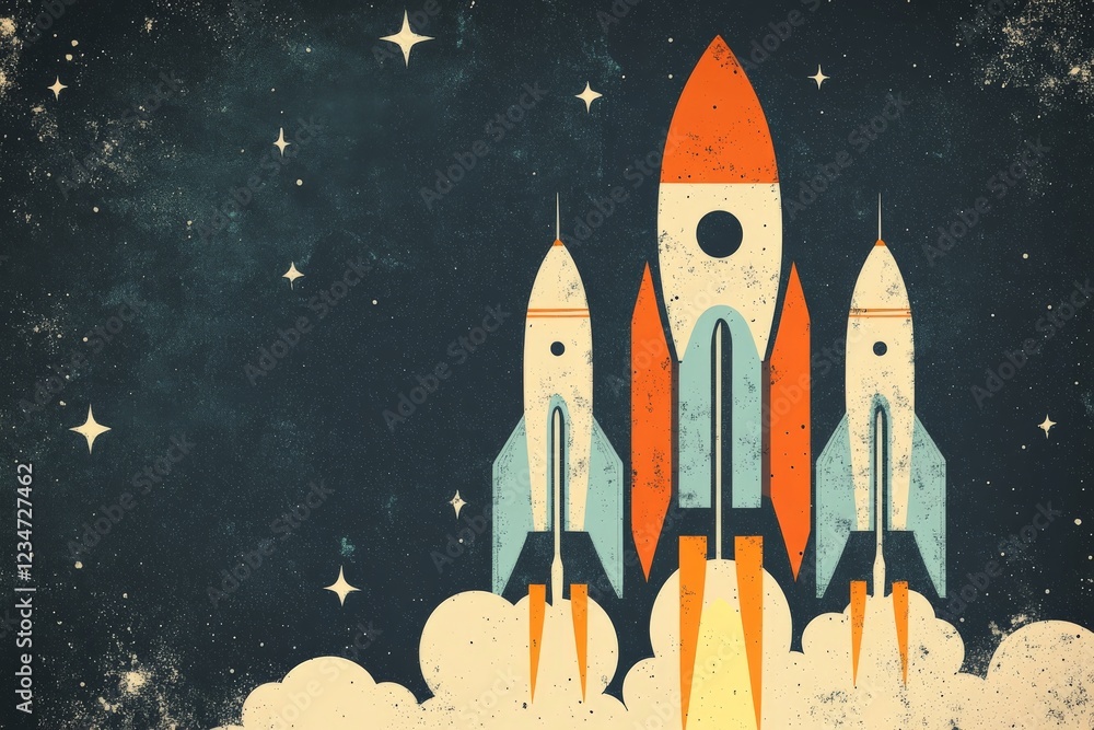 Poster three rockets launch into a starry sky with orange flames and a retro look, symbolizing exploration 