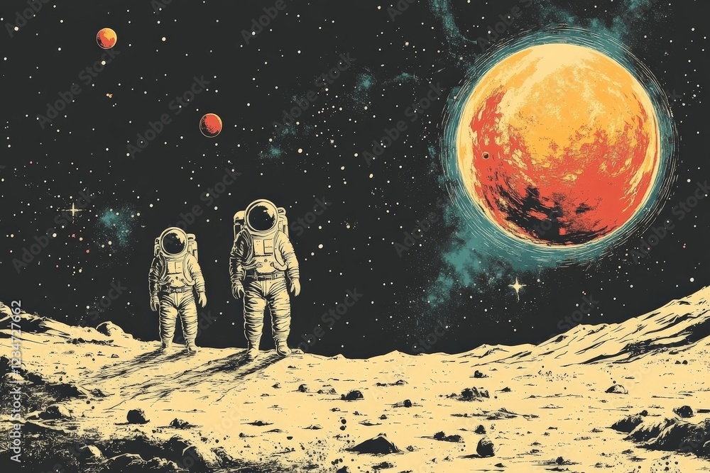 Poster exploration of a distant planet by astronauts in a desolate, cosmic landscape with a giant orange mo