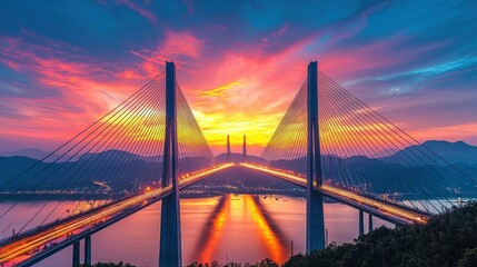 Cable-stayed bridge at sunset over bay with colorful sky