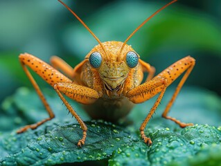 Close-up view of a vibrant orange grasshopper resting on a green leaf with dew drops