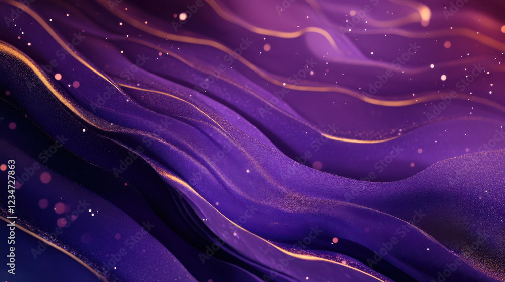 Poster luxurious abstract background with flowing purple waves and sparkles