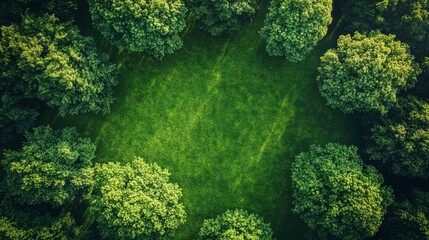 Aerial view of lush green trees surrounding a grassy clearing.