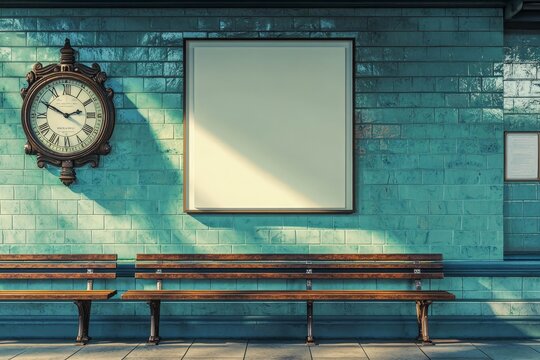 Empty canvas hanging on the wall of a vintage train station, with benches and an old clock nearby.