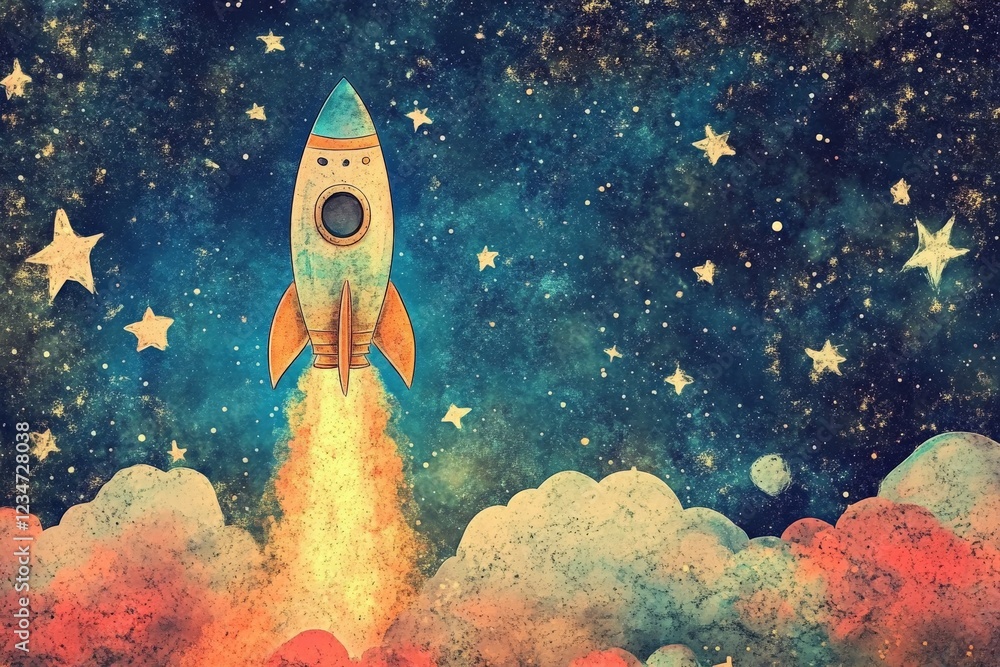Aufkleber colorful rocket launching into the night sky filled with stars and clouds in a whimsical outer space