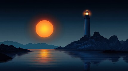 Fototapeta premium A serene lighthouse scene at sunset reflecting on calm waters.