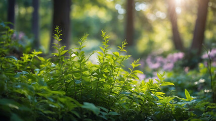 Fototapeta premium Beautiful natural spring forest green leaf view
