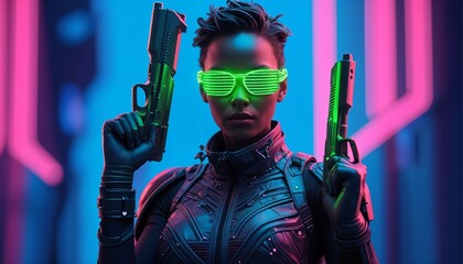 Cyberpunk Warrior: Neon Goggles, Dual Pistols, Futuristic Style
