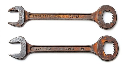 Two old and rusty wrenches on a white background, top view, flat lay, isolated.