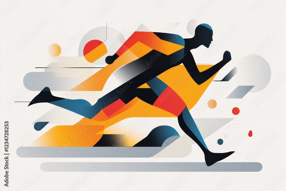 Poster a geometric depiction of a running athlete in motion, with simple lines and bold colors capturing en