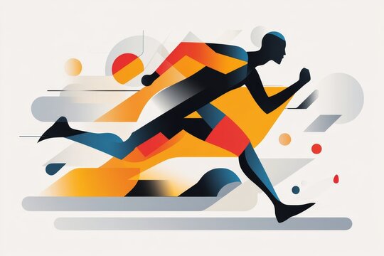 A geometric depiction of a running athlete in motion, with simple lines and bold colors capturing energy and skill