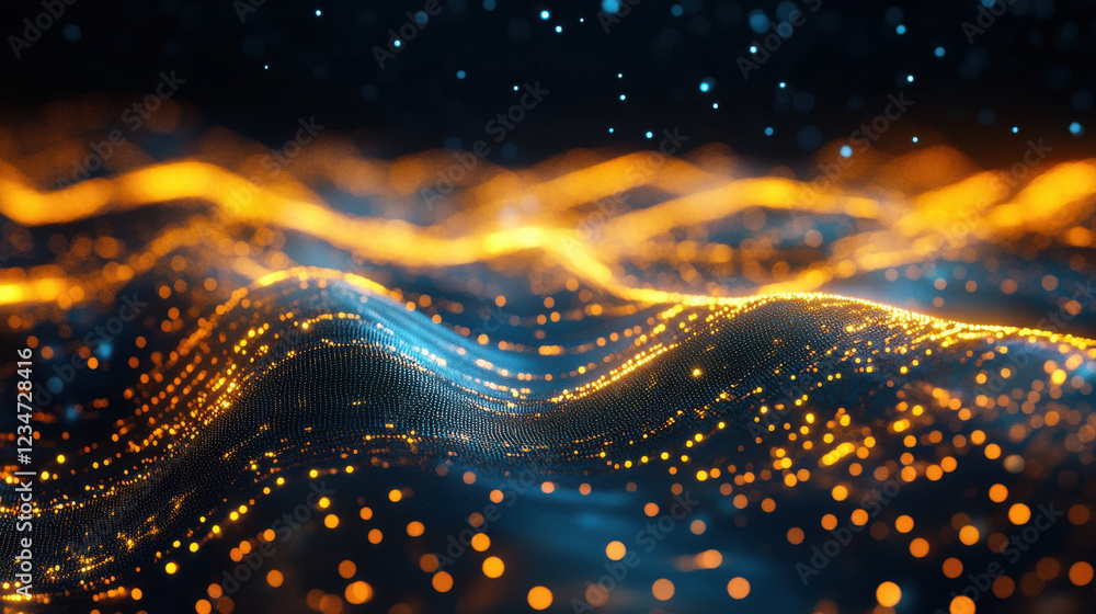 Wall mural luxurious abstract technology background with glowing waves and particles