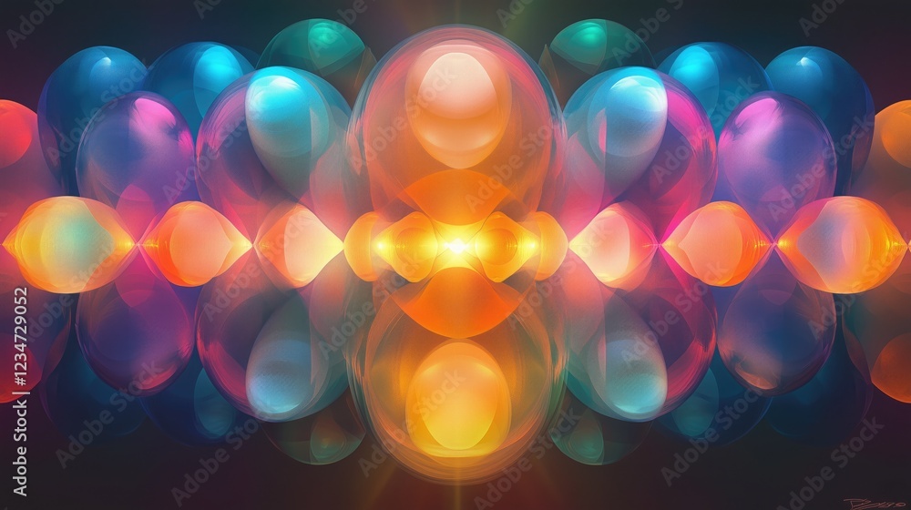 Aufkleber symmetrical and colorful abstract pattern of glowing orbs in a dark background, creating a visually 
