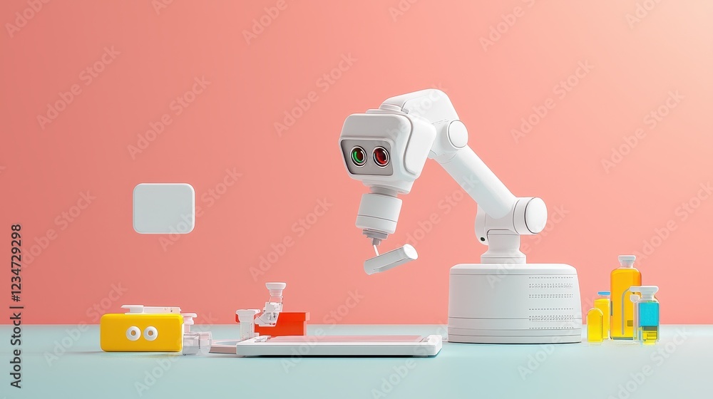 Poster robot arm in laboratory with colorful test tubes and vials