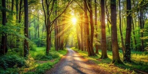 Obraz premium A winding path through a sun-drenched forest with golden light filtering through the leaves and illuminating the verdant undergrowth