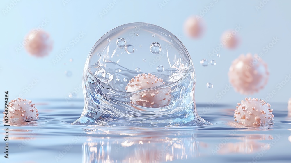Poster transparent bubble with water splash and floating particles in air