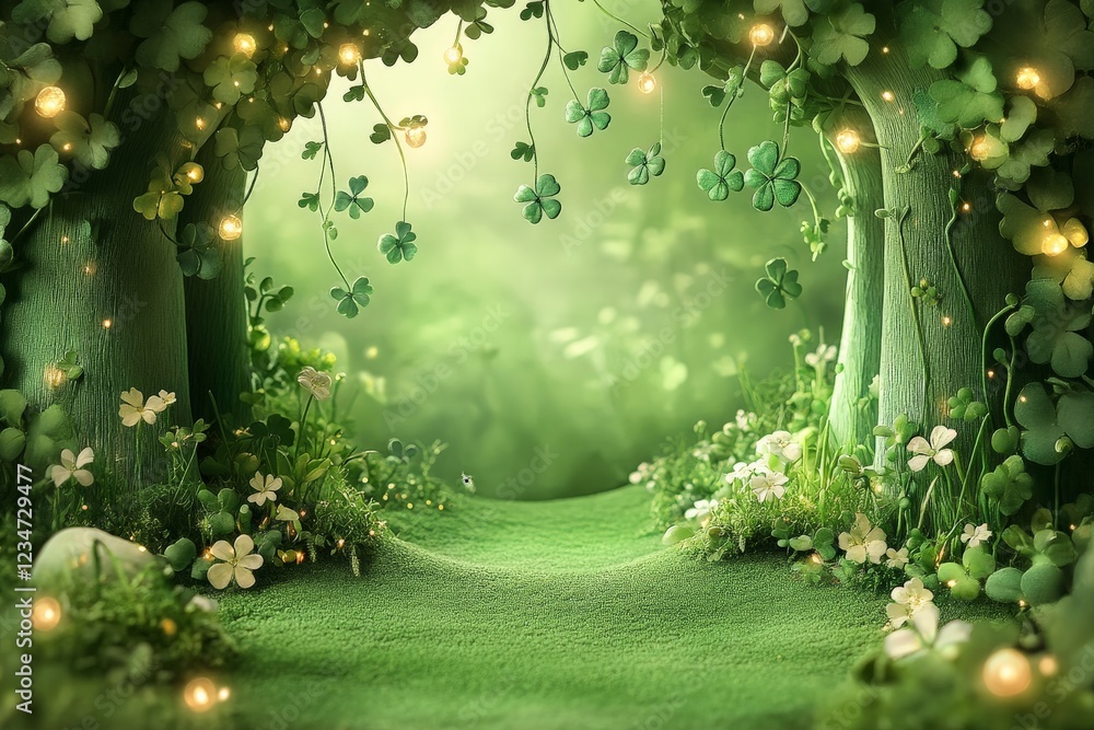 Poster magical forest path adorned with flowers and gentle lights creates an enchanting atmosphere in natur