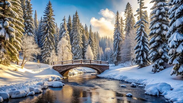 Winterland im Schneelicht, umgeben von Fichten und Tannen, mit einer alten Br?cke, die ?ber einen kalten Bach f?hrt, bach, br?cke