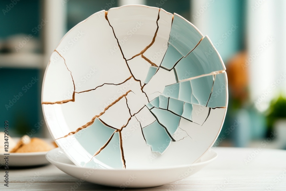 Poster a hyper-realistic close-up of a cracked plate being replaced with a new, identical substitute, with 
