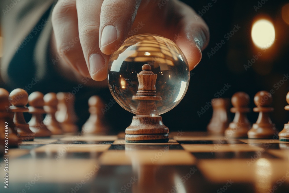 Poster a hyper-realistic close-up of a person hand hovering over a chess piece, tentatively deciding their 