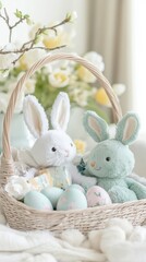 A children's Easter gift basket with plush toys, chocolate bunnies, and hand-painted eggs. Soft, watercolor-inspired colors create a warm and joyful atmosphere.