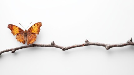 Beautiful orange butterfly resting on a dry twig against white background