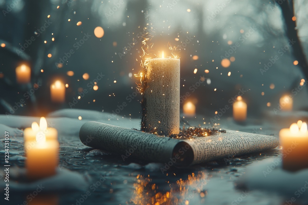 Poster A magical scroll glowing with golden light, listing the significant accomplishments of a legendary hero in an enchanted setting with floating candles