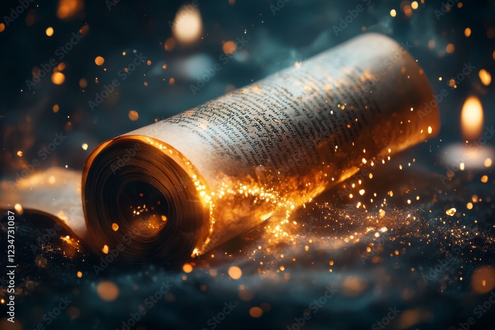 Poster A magical scroll glowing with golden light, listing the significant accomplishments of a legendary hero in an enchanted setting with floating candles
