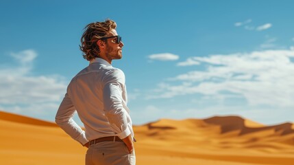 Man in Sunglasses Stands Confidently in a Desert Landscape