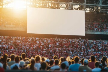 Large blank signboard displayed in an outdoor stadium during a sporting event, with cheering crowds in the stands.