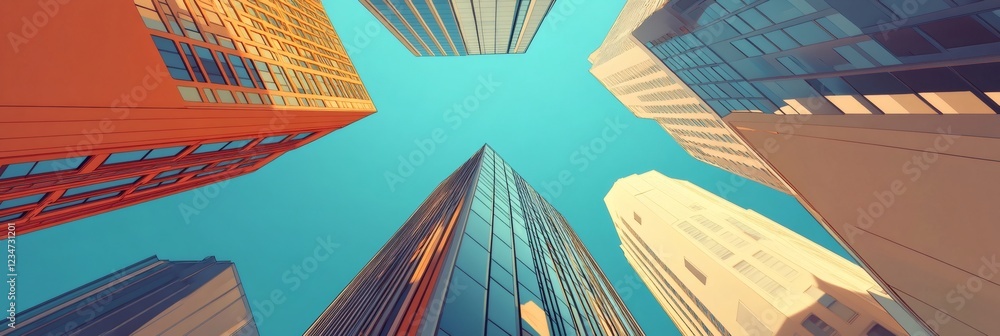 Aufkleber modern skyscrapers rising against a vibrant blue sky create a dynamic cityscape, symbolizing ambitio